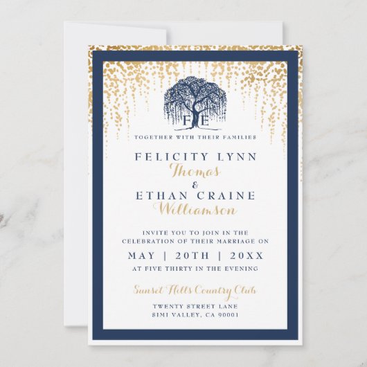 Modern Willow Tree Navy Gold Wedding Invitation Kaart (Voorkant)