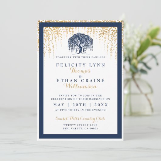 Modern Willow Tree Navy Gold Wedding Invitation Kaart (Staand voorkant)
