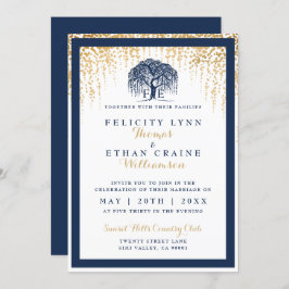 Modern Willow Tree Navy Gold Wedding Invitation Kaart