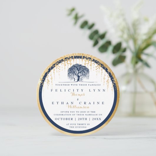 Modern Willow Tree Navy Gold Wedding Invitation Kaart (Staand voorkant)