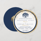 Modern Willow Tree Navy Gold Wedding Invitation Kaart (Voorkant / Achterkant)