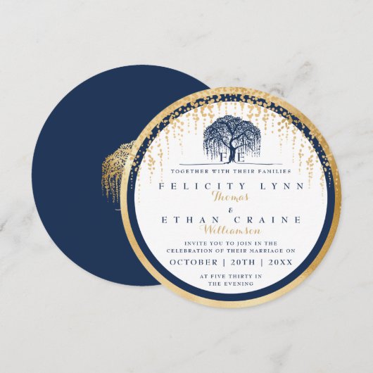 Modern Willow Tree Navy Gold Wedding Invitation Kaart (Voorkant / Achterkant)