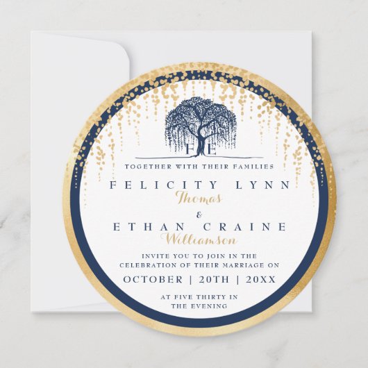 Modern Willow Tree Navy Gold Wedding Invitation Kaart (Voorkant)