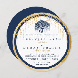 Modern Willow Tree Navy Gold Wedding Invitation Kaart
