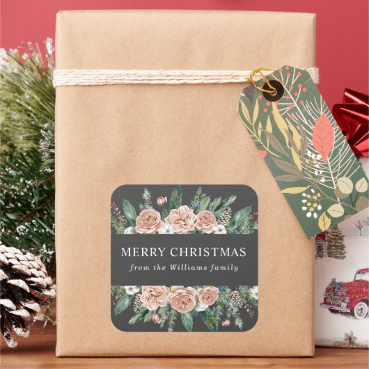 Modern Winter Bloemstuk Prettig Kerstfeest Vierkante Sticker (Feestdagen)
