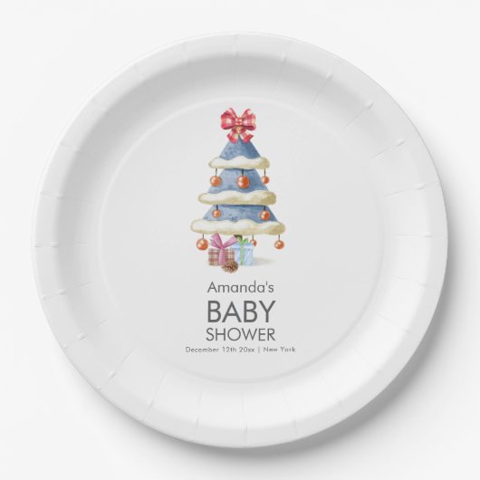 Modern Winter Bow Christmas Tree Baby Shower  Papieren Bordje (Voorkant)