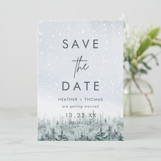 Modern Winter Forest Wedding Save the Date (Staand voorkant)