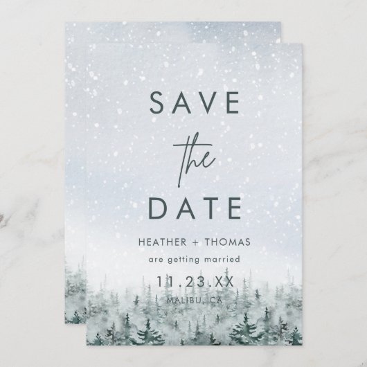 Modern Winter Forest Wedding Save the Date (Voorkant / Achterkant)