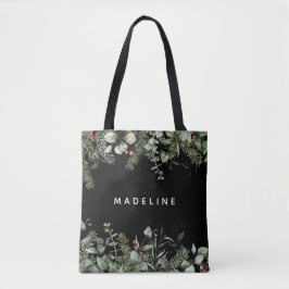 Modern Winter Greenery Personalized Tote Bag