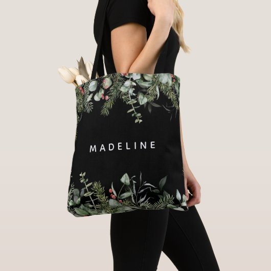 Modern Winter Greenery Personalized Tote Bag (Dichtbij)