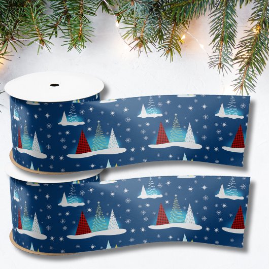Modern Winter Happy Holiday Trees Patroon Satijnen Lint