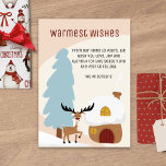 Modern Winter Moose Scandi Japandi Kersti Feestdagenkaart<br><div class="desc">Deze prachtige, moderne kerstkaart is voorzien van een Japandi-design dat Scandi en Japanse stijlen naadloos combineert. Het kleurenschema van de kaart is wit, beige, rood, lichtblauw en zwart. Het ontwerp bevat een eenvoudige, schattige plek op het bos van een boom, een huis en een moeras. De groet op de kaart...</div>