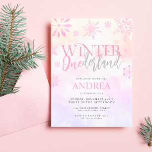 Modern Winter ONEderland Roze Meisje 1e Verjaardag Kaart