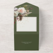 Modern Winter Rozen & Red Berries Groen Diner All In One Uitnodiging (Buitenkant)