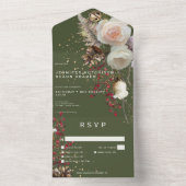 Modern Winter Rozen & Red Berries Groen Diner All In One Uitnodiging (Binnen)