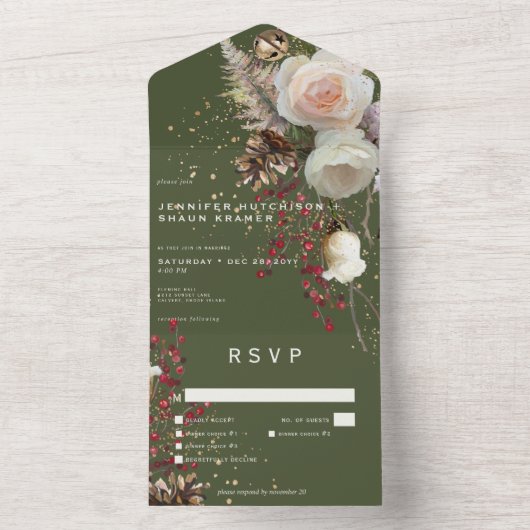 Modern Winter Rozen & Red Berries Groen Diner All In One Uitnodiging (Binnen)