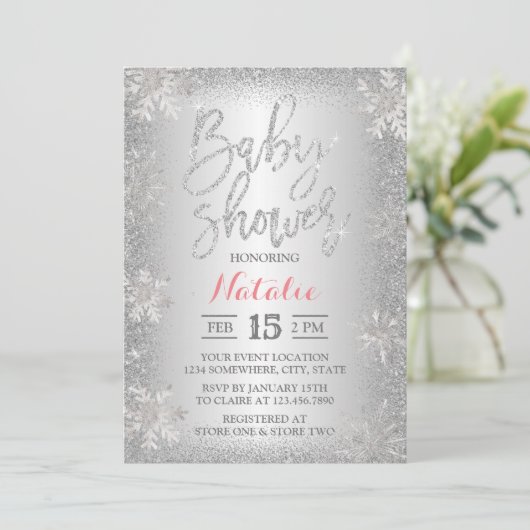 Modern Winter Silver Snowflake Baby shower Kaart (Staand voorkant)