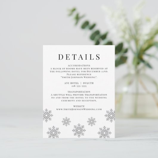 Modern Winter Snowflake Wedding Details Card RSVP Kaartje (Staand voorkant)