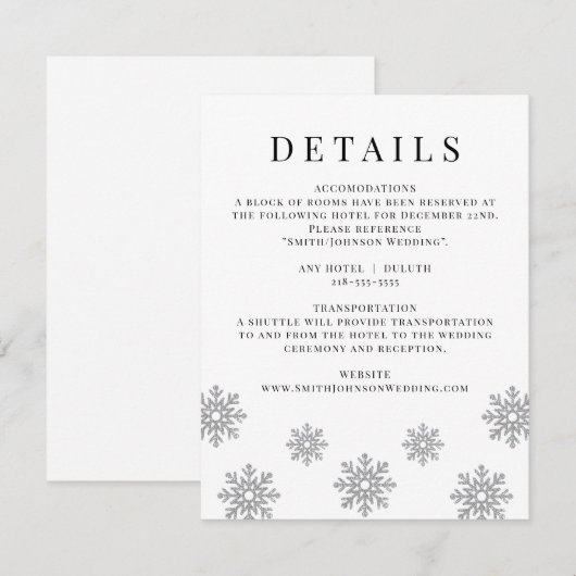 Modern Winter Snowflake Wedding Details Card RSVP Kaartje (Voorkant / Achterkant)