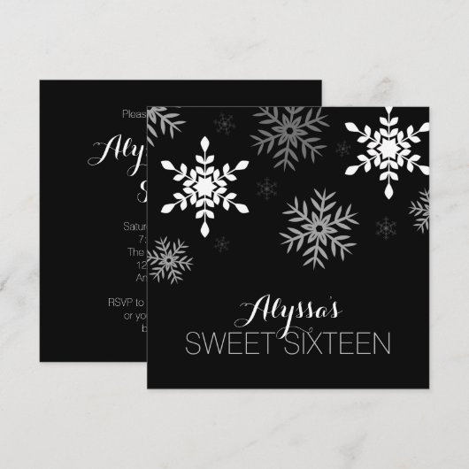 Modern Winter Wonderland Black Snowflakes Sweet 16 Kaart (Voorkant / Achterkant)