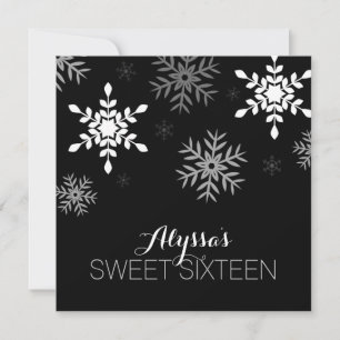 Modern Winter Wonderland Black Snowflakes Sweet 16 Kaart