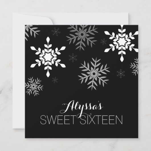 Modern Winter Wonderland Black Snowflakes Sweet 16 Kaart (Voorkant)