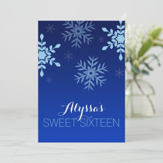 Modern Winter Wonderland Blue Snowflakes Sweet 16 Kaart (Staand voorkant)