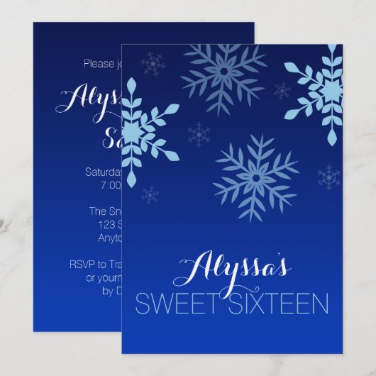 Modern Winter Wonderland Blue Snowflakes Sweet 16 Kaart (Voorkant / Achterkant)