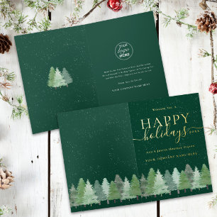 Modern Winter Woodland Company Logo Groen Goud Folie Feestdagenkaart