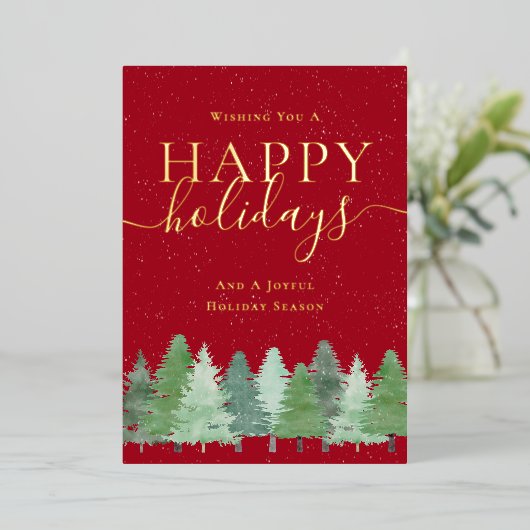 Modern Winter Woodland Your Logo Festive Red Gold Folie Feestdagenkaart (Staand Voorkant)