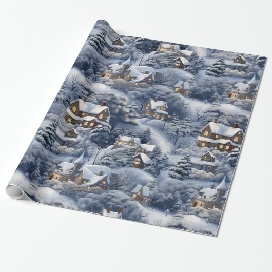 Modern Winterdorp Witte Kerstmis Cadeaupapier (Uitgerold)