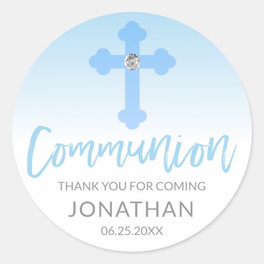 Modern Wit Blauw Kruis COMMUNION Jongen Dank u Ronde Sticker (Voorkant)