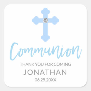 Modern Wit Blauw Kruis COMMUNION Jongen Dank u Vierkante Sticker