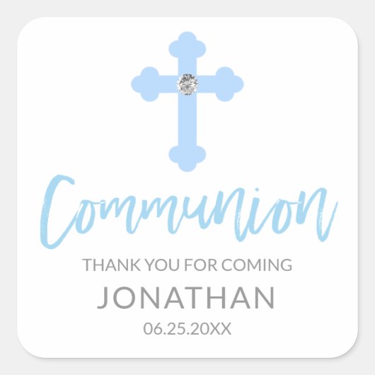 Modern Wit Blauw Kruis COMMUNION Jongen Dank u Vierkante Sticker (Voorkant)