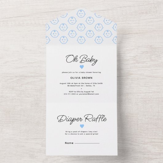 Modern Wit Blauw Oh Baby Boy Douche All In One Uitnodiging (Binnen)