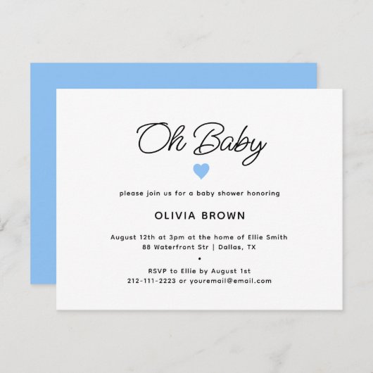 Modern Wit Blauw Oh Baby shower Invitation Informatiekaartje (Voorkant / Achterkant)