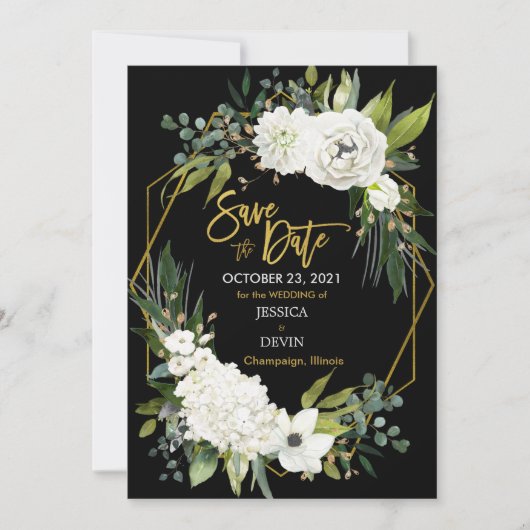 Modern wit bloemenfluweel zwart goud geometrisch save the date (Voorkant)