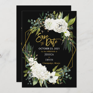 Modern wit bloemenfluweel zwart goud geometrisch save the date
