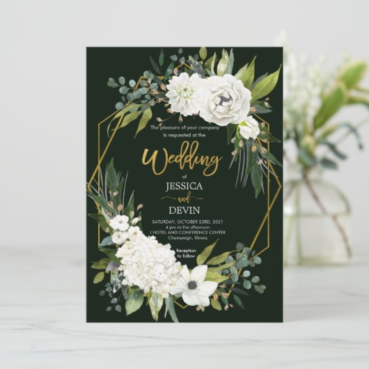 Modern Wit Bloemengoud Lijst bruiloft uitnodiging (Staand voorkant)