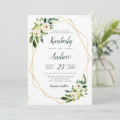 Modern wit bloemengroen & goud geometrische bruilo kaart (Staand voorkant)