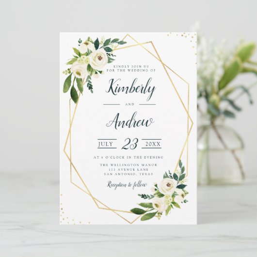 Modern wit bloemengroen & goud geometrische bruilo kaart (Staand voorkant)