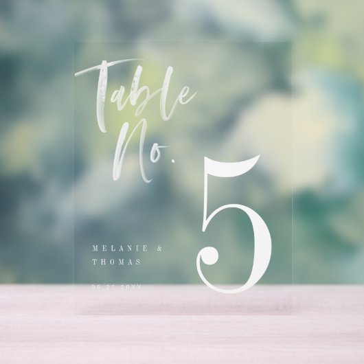 Modern Wit Borstel Script Bruiloft Tafelnummer Acryl Bord (Neutraal)