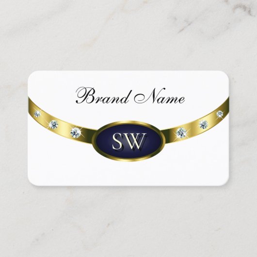 Modern Wit Donkerblauw en Goud met Monogram Visitekaartje (Voorkant)