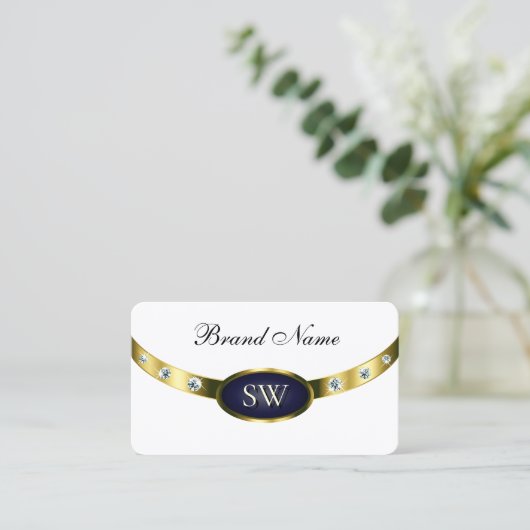 Modern Wit Donkerblauw en Goud met Monogram Visitekaartje (Staand voorkant)