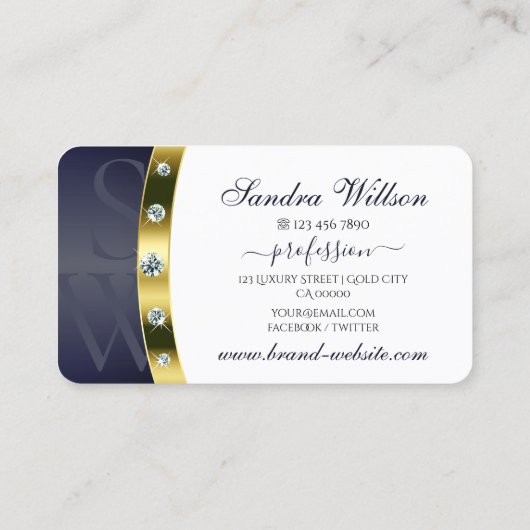 Modern Wit Donkerblauw en Goud met Monogram Visitekaartje (Achterkant)