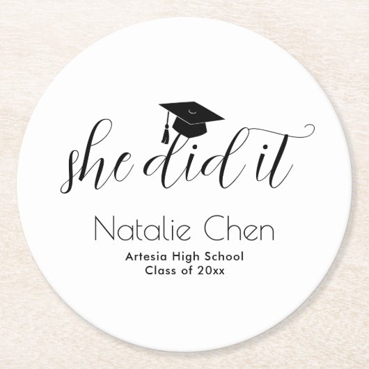 Modern Wit Elegant Fonts Afstuderen Ronde Kartonnen Onderzetter (Voorkant)