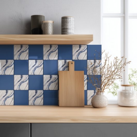 Modern Wit en Blauw Minimalistisch Marmer Tegeltje