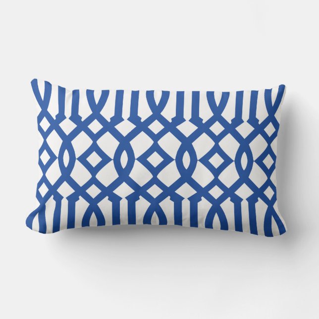 Modern wit en koninklijk blauw trellis patroon kussen (Voorkant)