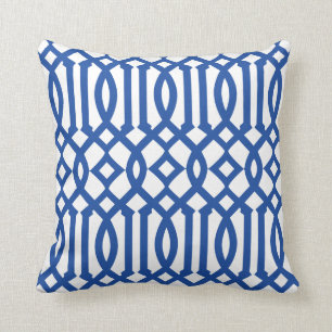 Modern wit en koninklijk blauw trellis patroon kussen