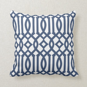 Modern wit en marineblauw trellis patroon kussen